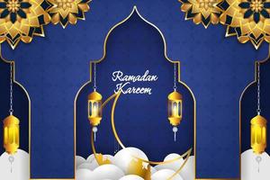 ramadan kareem islámico con fondo de nubes azul y dorado
