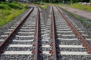 railroad tracks with rust on rock background photo