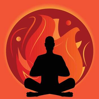silhouette of man in lotus pose in front of an abstract fire background vector