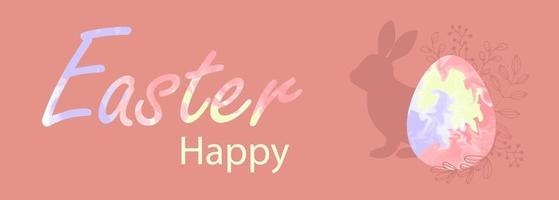 Happy Easter banner. Modern design marble effect. Border with text, rabbit silhouette, eggs. Watercolor pattern. Hand drawn. Vector illustration.