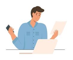 Man looking confused at the documents. vector