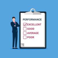 Businessman with performance check list. Businessman office worker performance vector