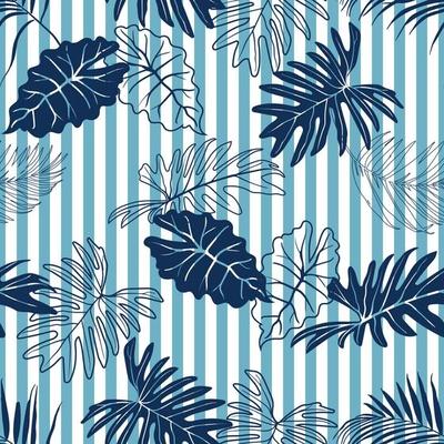 Summer seamless pattern with navy blue tropical leaves on stripe background for fashion,fabric,textile,apparel and all print