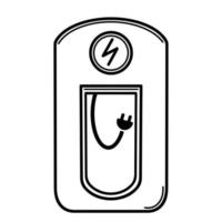 Electric car charging station. Eco-friendly gas station vector icon. Car battery charging. Isolated illustration on a white background. Black outline, doodle. Flat style, monochrome. Drawn by hand.