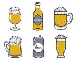 Set of beer vector icons. Alcohol in a glass, mug, bottle, aluminum can. Isolated illustration on a white background. Cold drink with foam. Oktoberfest prints, flat style.