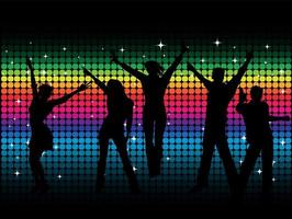 silhouettes people dancing disco background vector