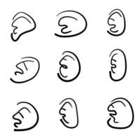 colección de orejas dibujadas a mano con vector de ilustración de estilo de dibujos animados de garabato aislado