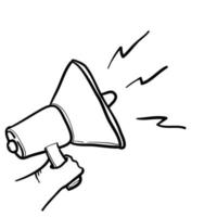 A hand is holding a megaphone telling important news and offers. Information concept with doodle handdrawn style vector