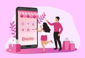 mujeres felices con compras en pago móvil con tarjeta de crédito. compras en línea en una tienda en línea en un sitio web o aplicación móvil. el concepto de vector ama ir de compras. diseño para banner de venta, marketing digital.