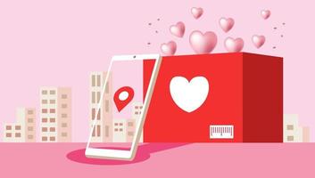 Love concept pink background. Shop online for Valentine's Day. Send special gifts with mobile convenience and safe. banner for online promotion or website.Online store on the mobile application.vector vector