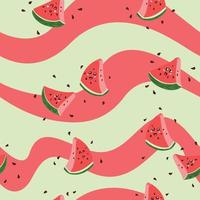 Cute, kawaii anthropomorphic cartoon watermelon seamless pattern with a wavy background.  Great for Spring or Summer fabric, scrap-booking, gift-wrap, wallpaper, product design product design. Vector