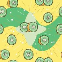 Cute, kawaii, anthropomorphic cartoon Kiwi seamless pattern with a green and yellow starburst background. Great for Spring, Summer fabric, scrap-booking, gift-wrap, wallpaper, product design. Vector