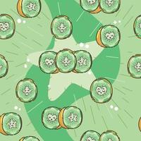 Cute, green kawaii anthropomorphic cartoon Kiwi seamless pattern with a wavy starburst background. Great for Spring or Summer fabric, scrap-booking, gift-wrap, wallpaper, product design. Vector