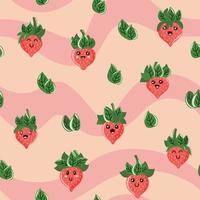 lindas fresas de dibujos animados antropomórficos kawaii sin costuras con un fondo ondulado. ideal para telas de primavera o verano, reserva de chatarra, papel de regalo, papel tapiz, diseño de productos. vector