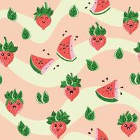 Cute dibujos animados antropomórficos kawaii sandía y fresas sin costuras con un fondo ondulado. ideal para telas de primavera o verano, reserva de chatarra, papel de regalo, papel tapiz, diseño de productos. vector