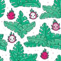 Cute pink, kawaii cartoon dragon fruit, pitaya, seamless pattern with jungle leaves. Great for Spring or Summer fabric, scrap-booking, gift-wrap, wallpaper, product design projects. Vector