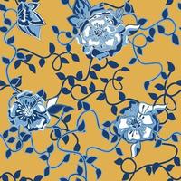 Flowers and vines in chinoiserie style. Oriental blue ceramic, ornamental print. Seamless pattern. Great for Spring and summer fabric, product, gift wrap, wallpaper. Surface pattern design - Vector