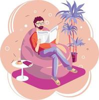 A man is reading news at home, in his apartment. A bearded man sits on a armchair and reads the newspaper. Next to him is a table with coffee and book. Vector illustration for any use.