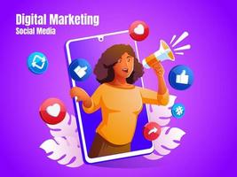 woman shouting using a megaphone with a social media icon and a smartphone vector