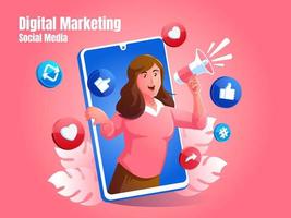 woman shouting using a megaphone with a social media icon and a smartphone vector