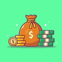 Money Bag With Money And Coin Cartoon Vector Icon Illustration.  Finance Object Concept Isolated Premium Vector. Flat Cartoon Style