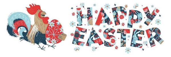 happy Easter. Colorful Easter banner with spring flowers and a cheerful rooster with an Easter egg. vector