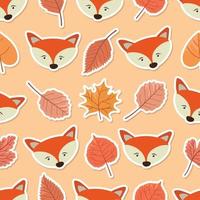 Seamless doodle fox and leaf sticker cartoon pattern vector