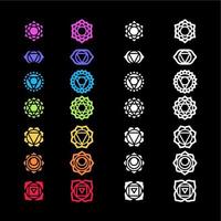 símbolos de chakra en fondo oscuro, diferentes estilos, iconos geométricos modernos y simples