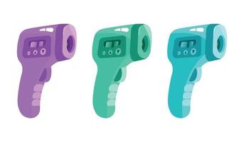 Infrared non-contact temperature thermometer gun for forehead with temperature range standards. Thermometer front part. In various colors. Vector eps illustration.