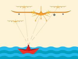 controlando desde un barco en el mar con radar y sensores de control. colorido icono de uav. tecnología de aviación aviones no tripulados militares guerra moderna. se muestra de forma moderna como un vehículo aéreo no tripulado. vector