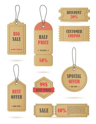 Vector stickers, price tag, banner, label. Coupon sale, offers and promotions   vector template. Shop price tag, retail, commerce, business
