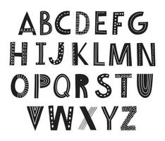 alfabeto infantil divertido con elementos dibujados a mano en estilo escandinavo. letras funky para carteles, vivero, fuente, diseño de letras. ilustración vectorial aislada sobre fondo. vector