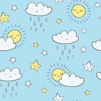 Cute sky vector pattern. Hand drawn seamless background with smiling clouds, sun, stars and raindrops. Childish doodle print.