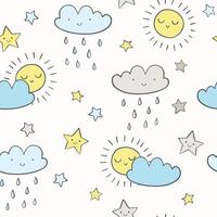 Sky vector pattern. Cute smiling sun, stars, clouds seamless background. Baby print in soft, pastel colors.