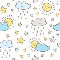 Cute doodle sky vector pattern with smiling sun, clouds, raindrops and stars. Hand drawn weather seamless print.