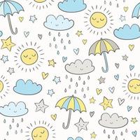 Hand drawn vector pattern with umbrellas, clouds and rain drops. Baby shower doodle seamless background.