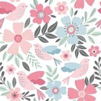 Seamless floral pattern with birds in delicate pastel colors. Spring vector background.