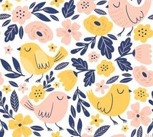 Cute floral pattern with birds. Spring vector seamless background with birds, flowers and leaves. Cartoon style, hand drawn childish print design.
