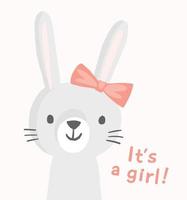 Girl bunny character with a pink bow. Cute vector rabbit character. Funny smiling animal face. Illustration for baby shower invitation, greeting card, birthday party, nursery art poster. It's a girl.