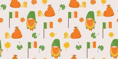 Seamless pattern with gnomes, coins, irish flags and clovers. St. Patrick's day seamless pattern. For textile, wrapping paper, packaging. Vector pattern.