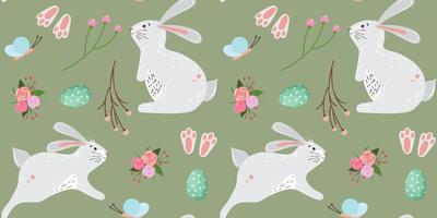 Seamless pattern with cute Easter bunnies, Easter eggs and flowers. Children pattern for textile, wallpaper, packaging, wrapping paper. Cute spring vector pattern.