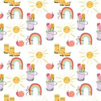 Seamless pattern with cute summer elements. Children pattern with a rainbow, boots, sun, snail and flowers. For textile, wrapping paper, packaging, wallpaper, cards. Vector pattern.