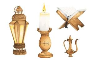 Element collection of Islamic lantern, candle, teapot, and the holy Quran set on book holder with rosary.