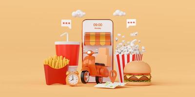 Food delivery application online on mobile, 3d illustration photo