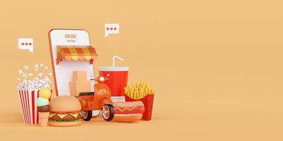 Food delivery application online on mobile, 3d illustration photo