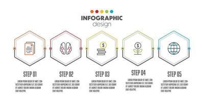 plantilla infográfica de presentación vectorial con concepto de icono de negocio forma hexagonal colorida de 5 pasos. vector