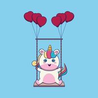 cute unicorn play swing, suitable for children's books, birthday cards, valentine's day, stickers, book covers, greeting cards, printing. vector