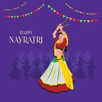 ilustración de la cara de la diosa durga para feliz navratri, pareja jugando garba y dandiya en celebración navratri y noche disco vector