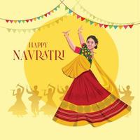 ilustración de la cara de la diosa durga para feliz navratri, pareja jugando garba y dandiya en celebración navratri y noche disco vector