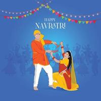 illustration of Goddess Durga Face For Happy Navratri, Couple Playing Garba and Dandiya in Navratri Celebration and Disco Night vector